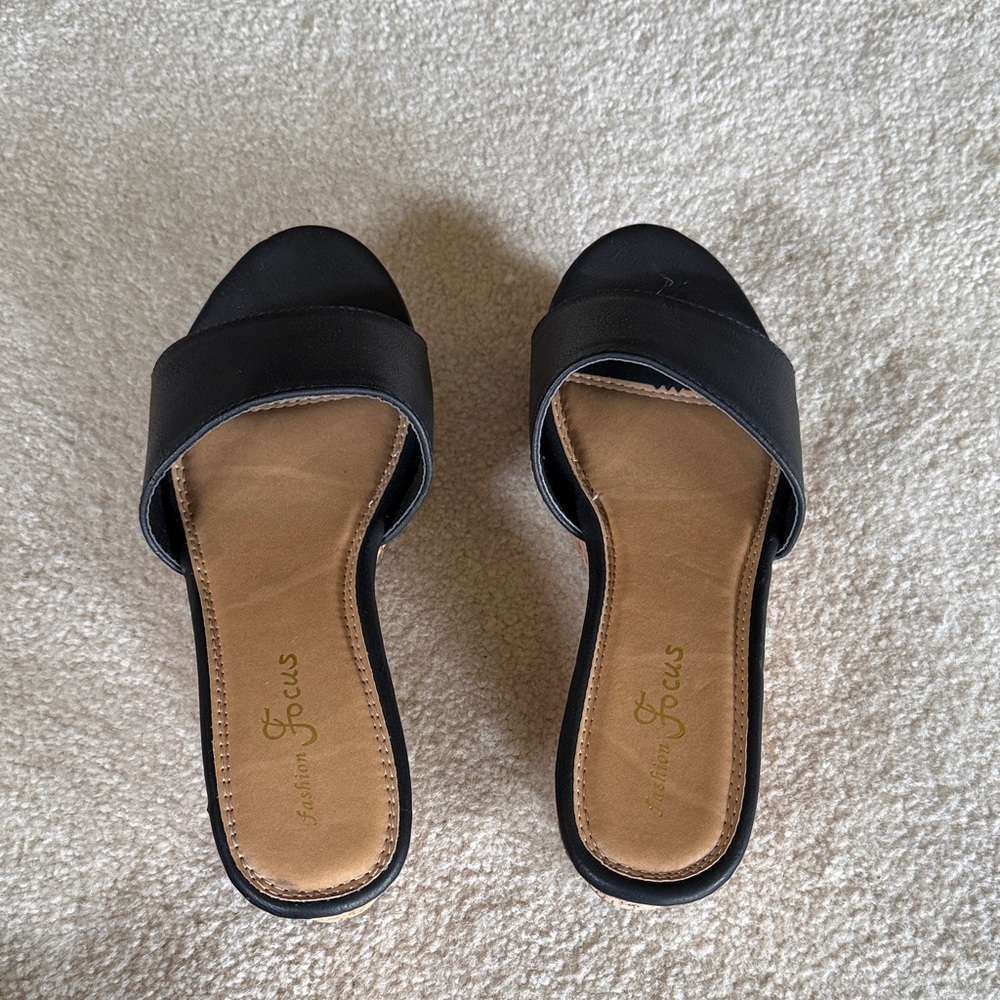 Fashion Focus size 8-Black leather Slides sandals  platform cork wedge women’s